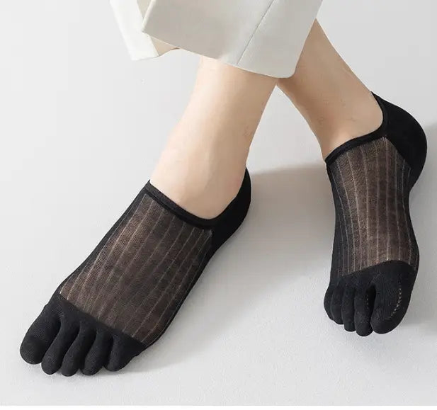 black modal five-finger breathable ultra-thin boat socks featuring a sheer striped mesh design and solid black toe caps.