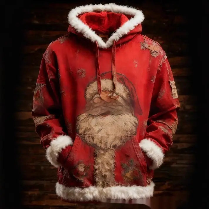 Sudadera con temática de Santa Claus roja, con ribete de piel sintética blanca en las bocamangas de la capucha y en el dobladillo, con estampado de bandera estadounidense.