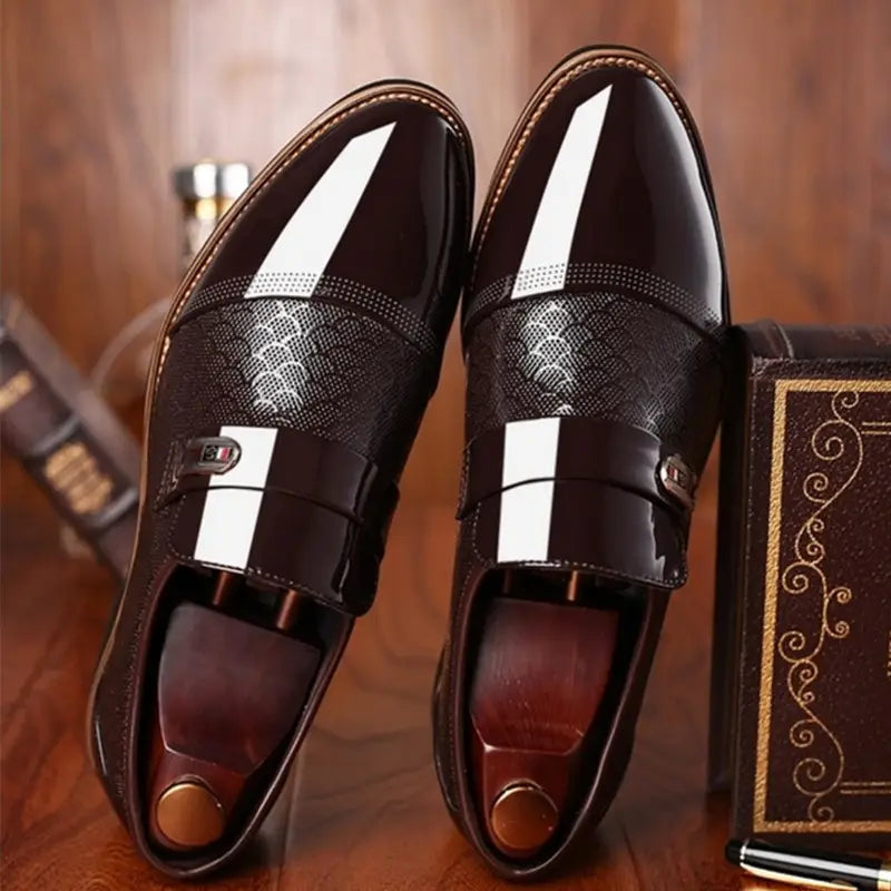 Warm high top black PU leather vulcanized shoe featuring a burgundy patent leather slip-on with white glossy toe cap and silver buckle.