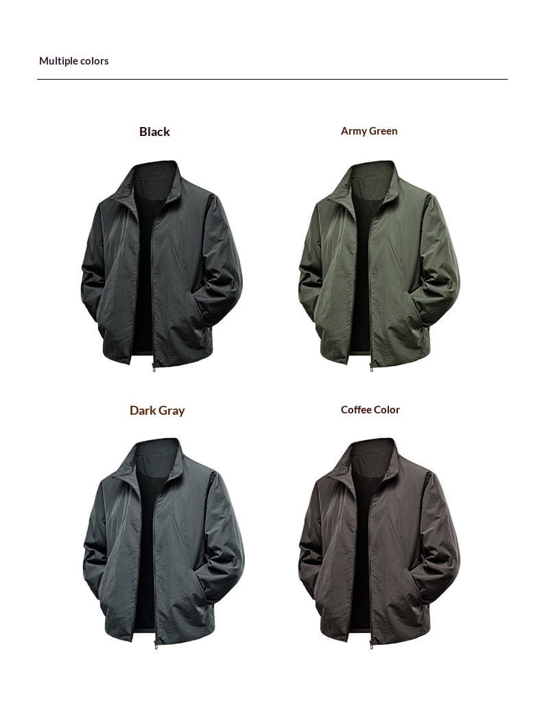 Vestes légères coupe-vent imperméables zippées pour homme en noir, vert armée, gris foncé et café, au design moderne et épuré.