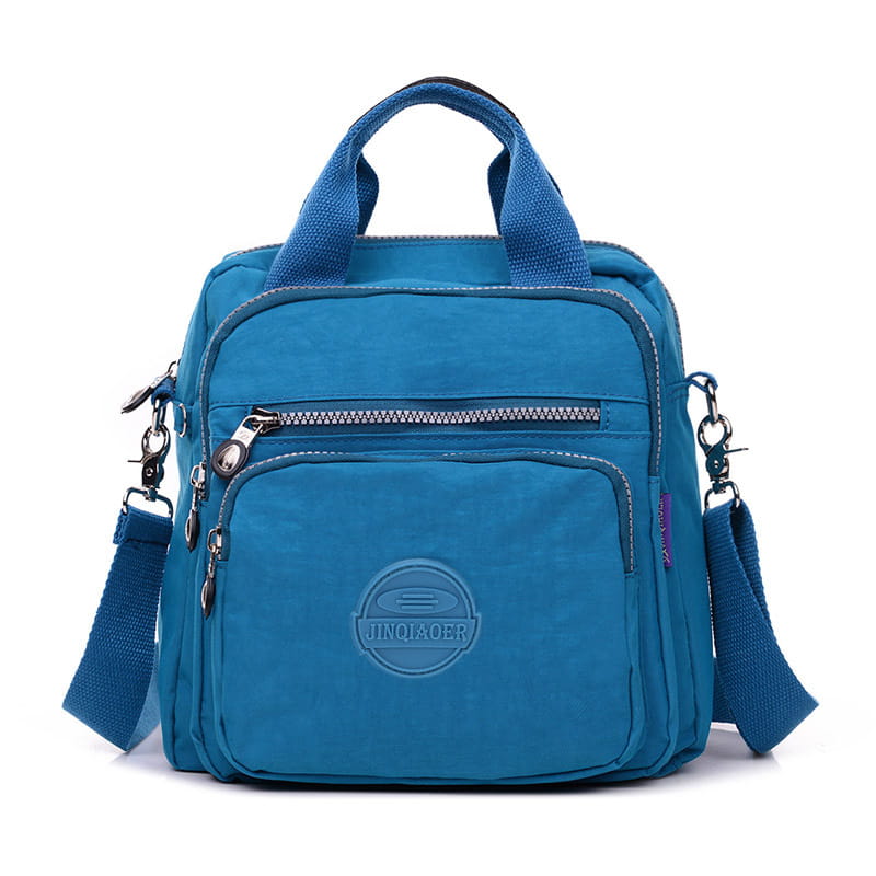 Blue jinqiaoer nylon messenger bag with multiple zippered compartments and adjustable shoulder strap made of canvas.