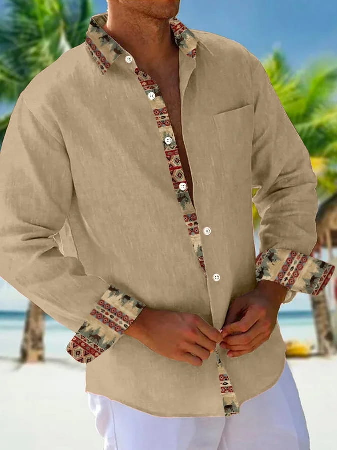 Men beige linen shirt featuring an embroidered elephant and geometric pattern on the collar, cuffs, and placket.