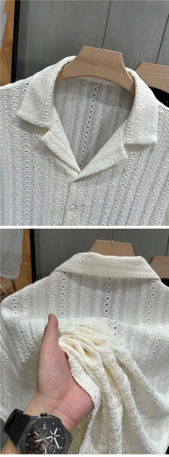 A cream-colored men Cuban collar short sleeve shirt made of textured knit fabric with a button-down collar and vertical ribbed pattern.
