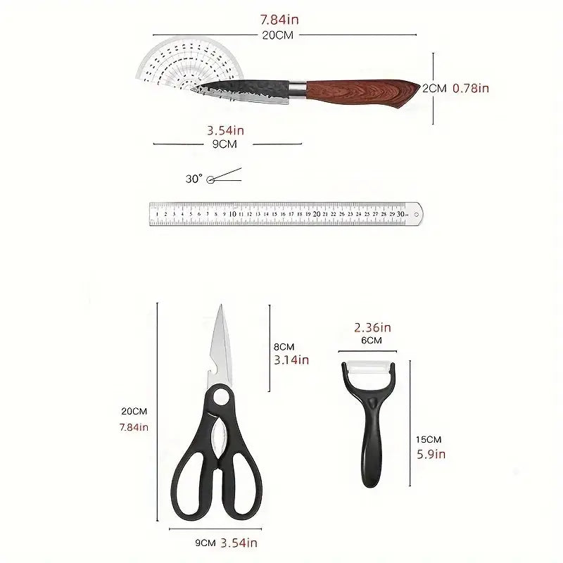 Black-handled kitchen shears with stainless steel blade and integrated bottle opener included in a 6 piece hammered steel kitchen knife set with case.