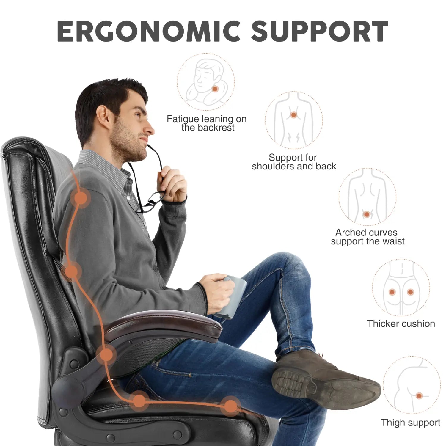 Silla de oficina ergonómica de cuero negro con puntos de soporte contorneados para los hombros, la espalda y los muslos, fabricada en polipiel, con brazos abatibles.