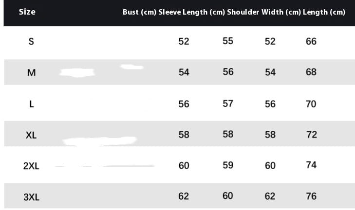 Size chart for a women’s heavyweight off shoulder graphic cotton blend hoodie showing measurements in centimeters for sizes s through 3xl.