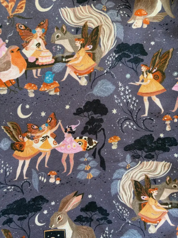 Dark blue cotton fairies retro a-line dress with pockets featuring whimsical orange pink and beige woodland illustrations