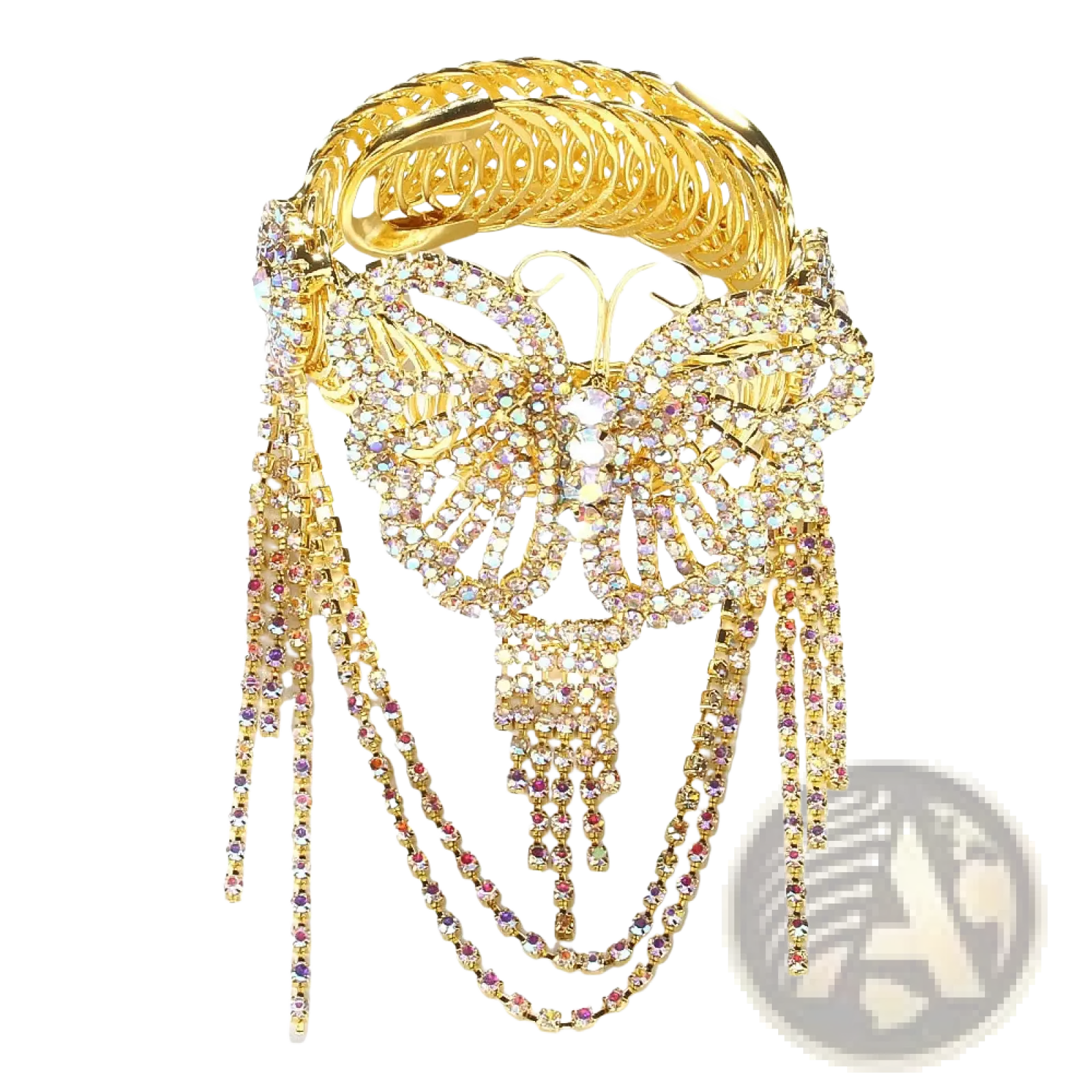 Fairy butterfly rhinestone tassel arm chain bracelet with gold butterfly hair accessory adorned with rhinestones and crystals