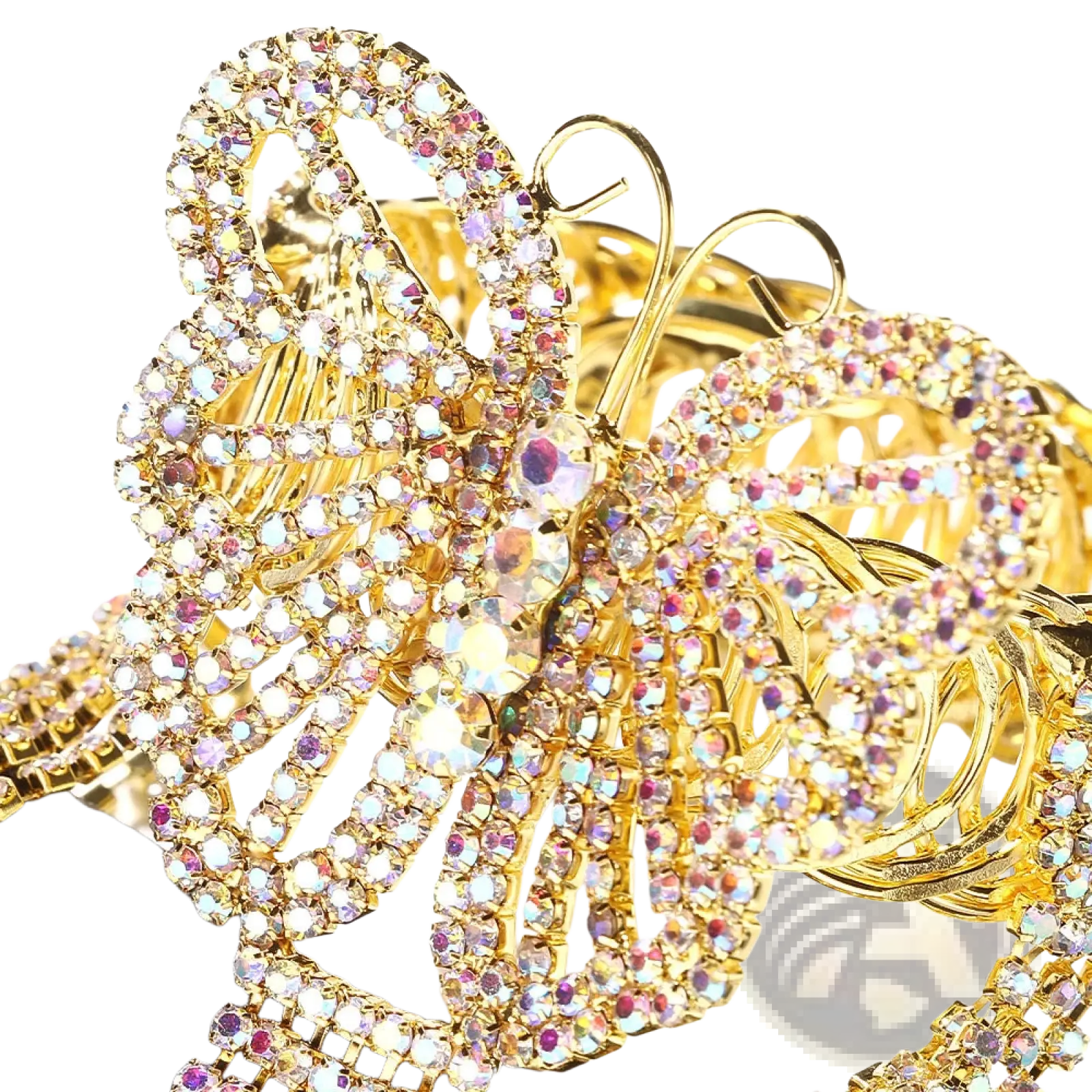 A sparkling gold butterfly-shaped rhinestone bracelet with iridescent rhinestones and tassel details