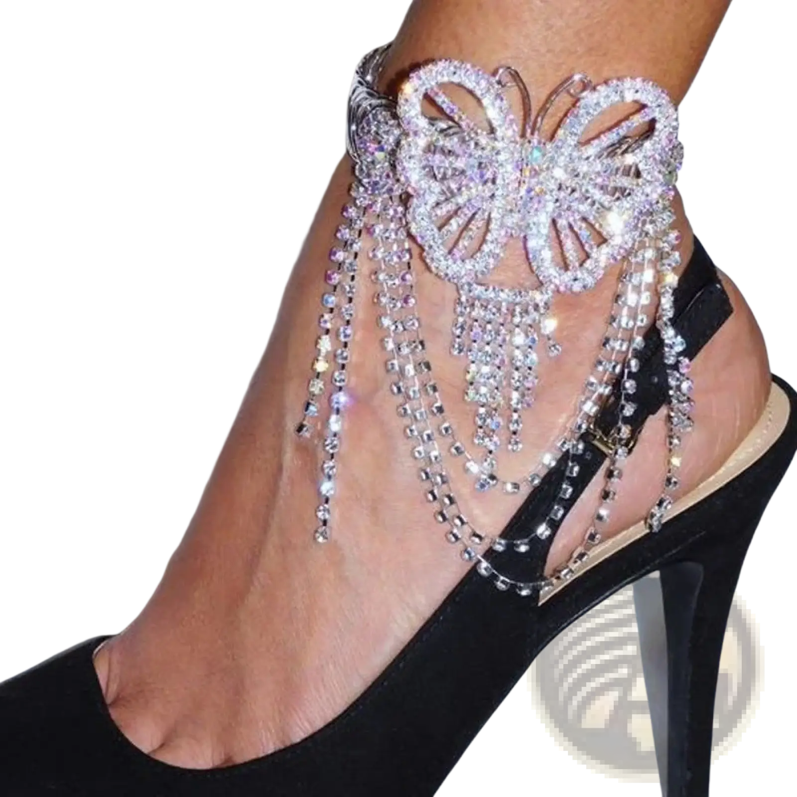 A sparkling silver fairy butterfly rhinestone tassel anklet adorned with cascading rhinestone chains
