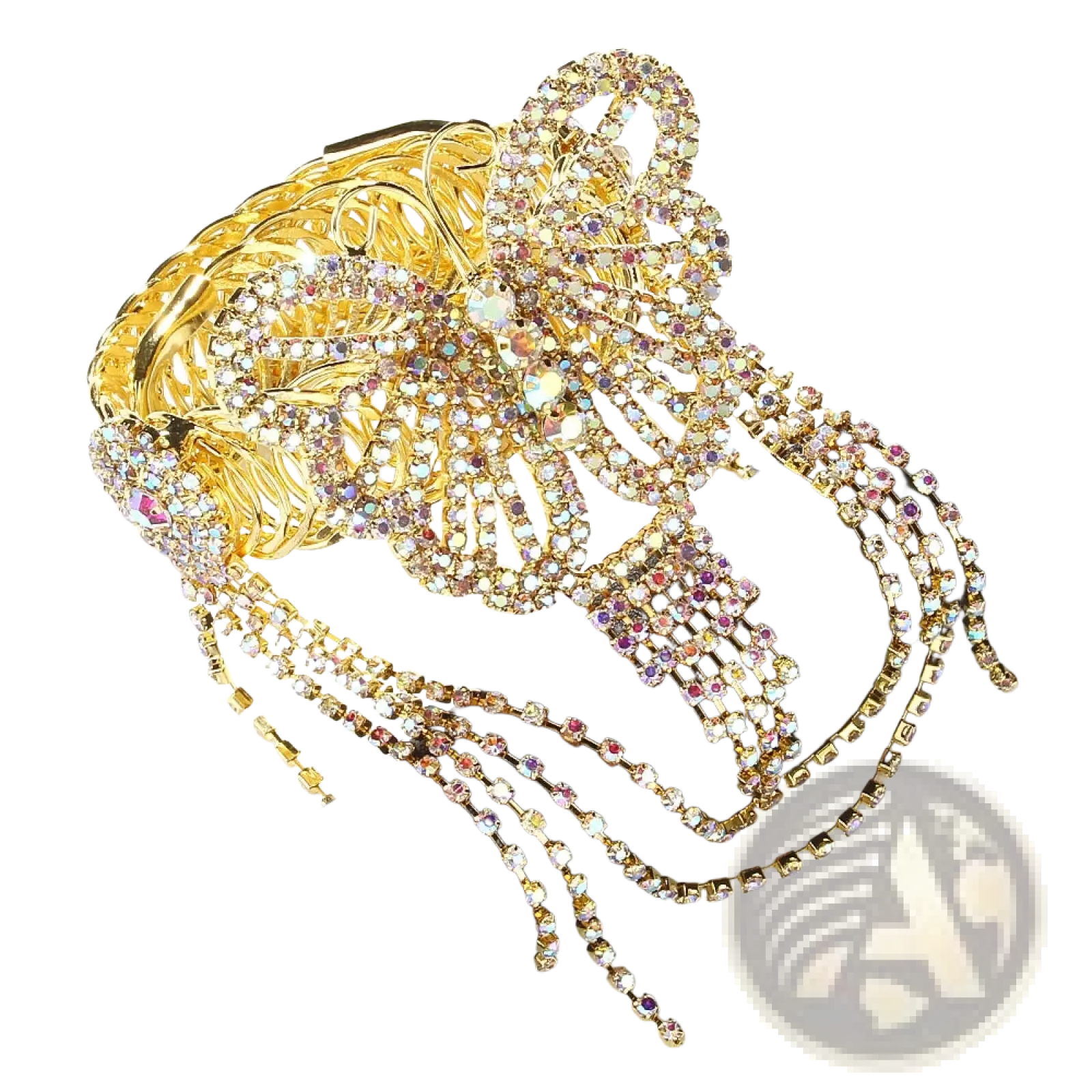 Gold-toned fairy butterfly rhinestone tassel arm chain bracelet with bow shape and dangling crystal strands