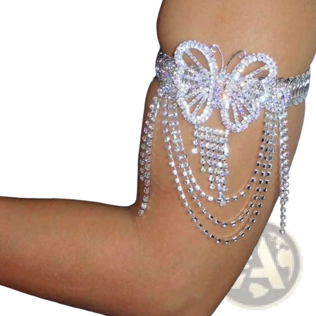 A sparkling silver fairy butterfly rhinestone tassel arm chain bracelet with cascading crystal chains