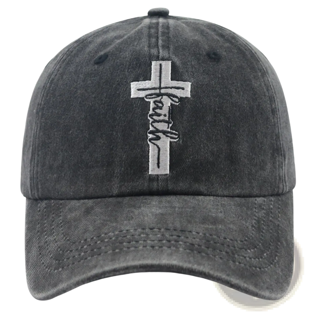 A dark gray distressed cotton baseball cap with a white embroidered faith cross and cursive stitching below