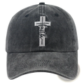 A dark gray distressed cotton baseball cap with a white embroidered faith cross and cursive stitching below