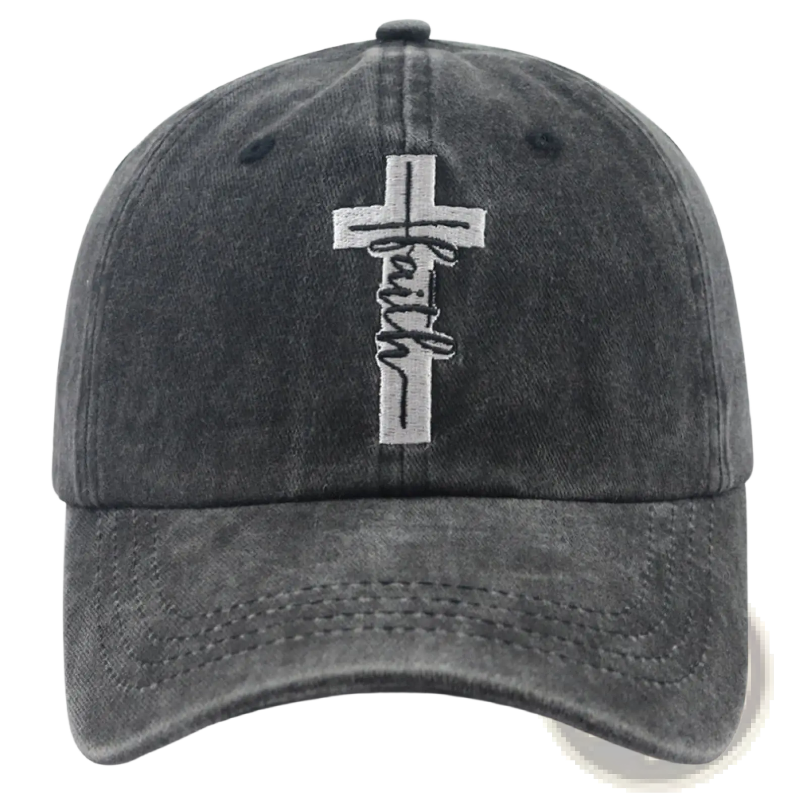 A dark gray distressed cotton baseball cap with a white embroidered faith cross and cursive stitching below