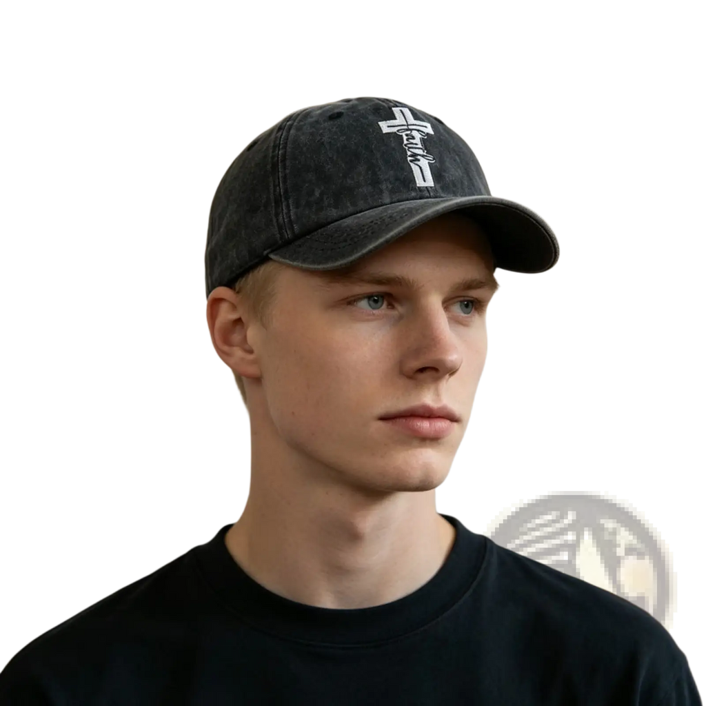 Black denim baseball cap featuring a white embroidered cross with a distressed vintage design for faith expression