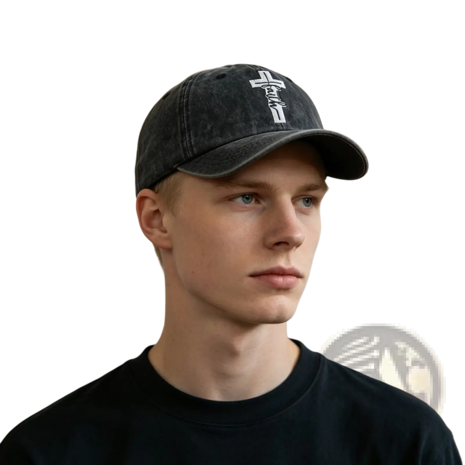 Black denim baseball cap featuring a white embroidered cross with a distressed vintage design for faith expression