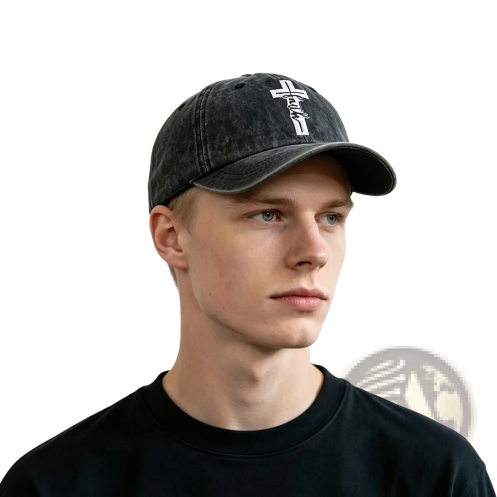 Black distressed vintage baseball cap featuring a white cross and script logo on the front for casual wear
