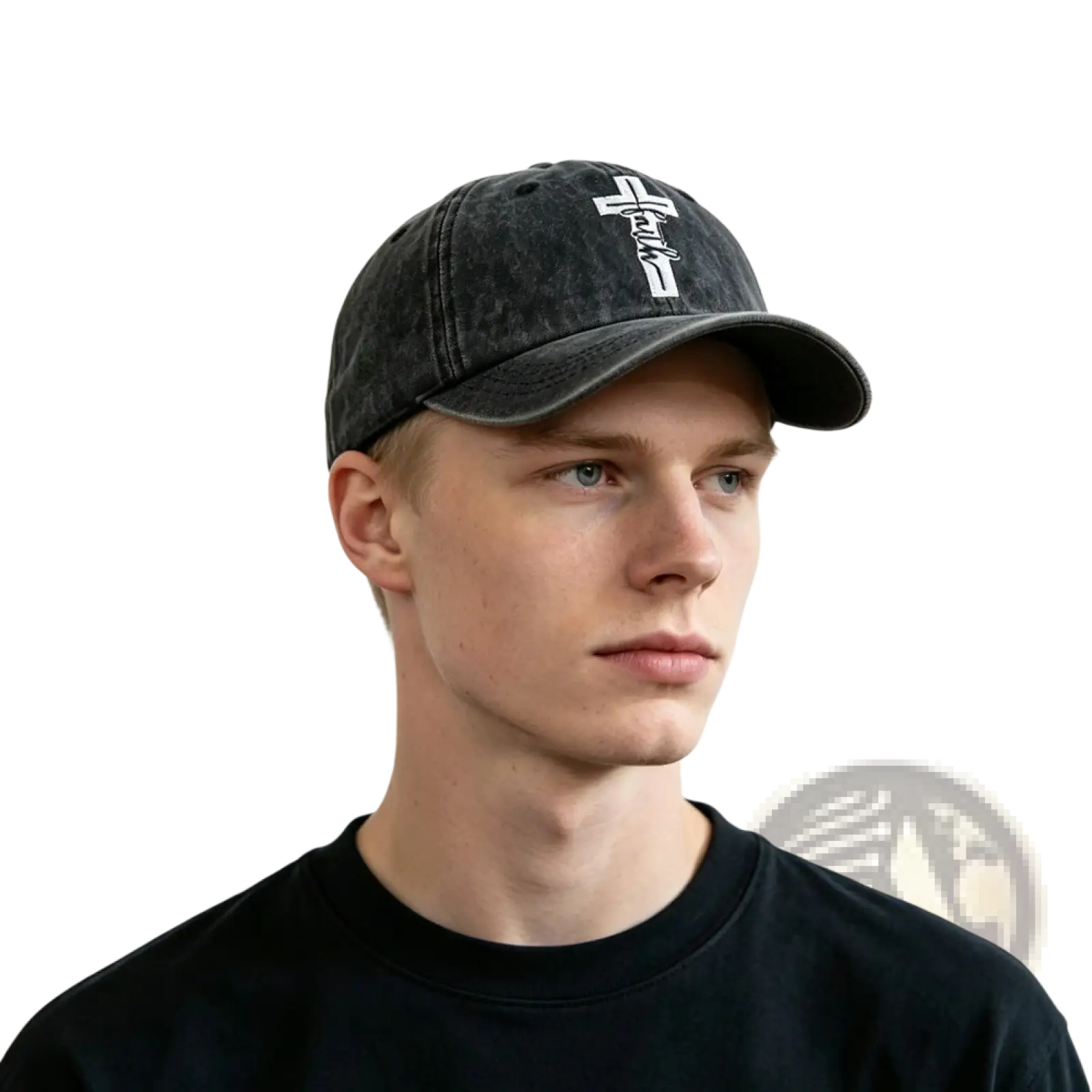 Black distressed vintage baseball cap featuring a white cross and script logo on the front for casual wear