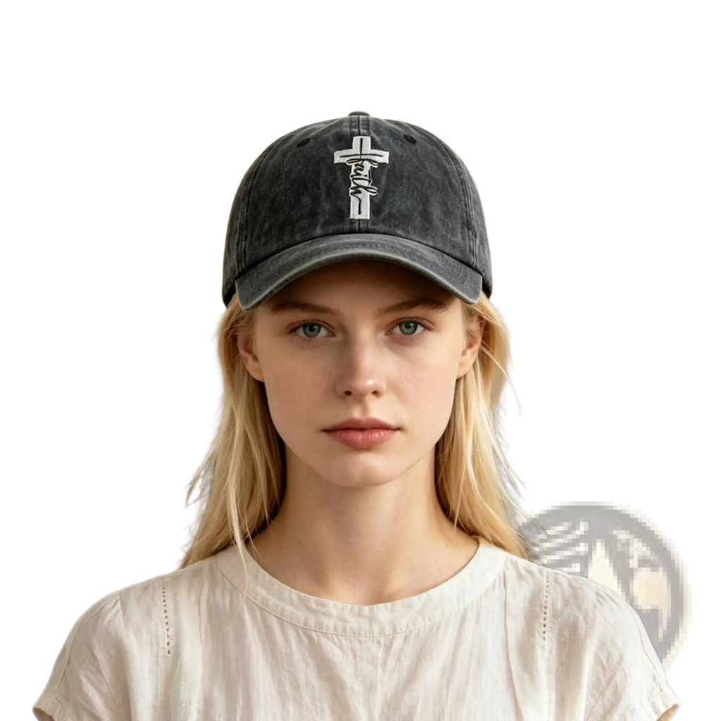 Dark gray distressed vintage baseball cap with white embroidered cross design made from durable fabric