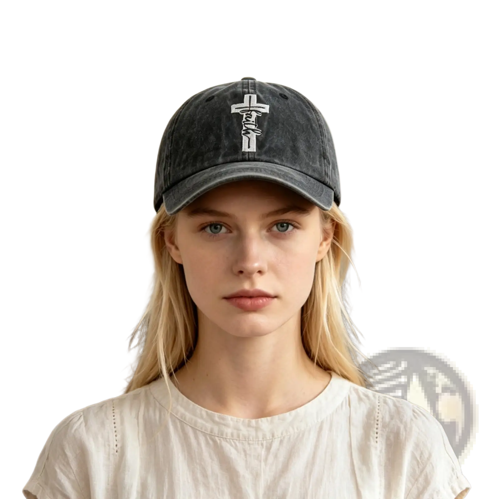 Dark gray distressed vintage baseball cap with white embroidered cross design made from durable fabric