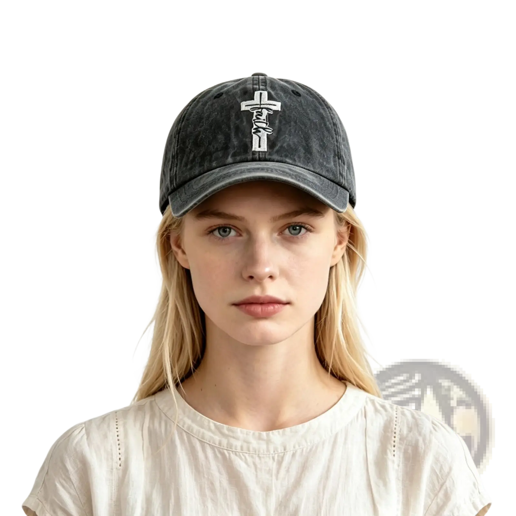 A dark gray distressed vintage baseball cap with a white embroidered faith cross design on the front
