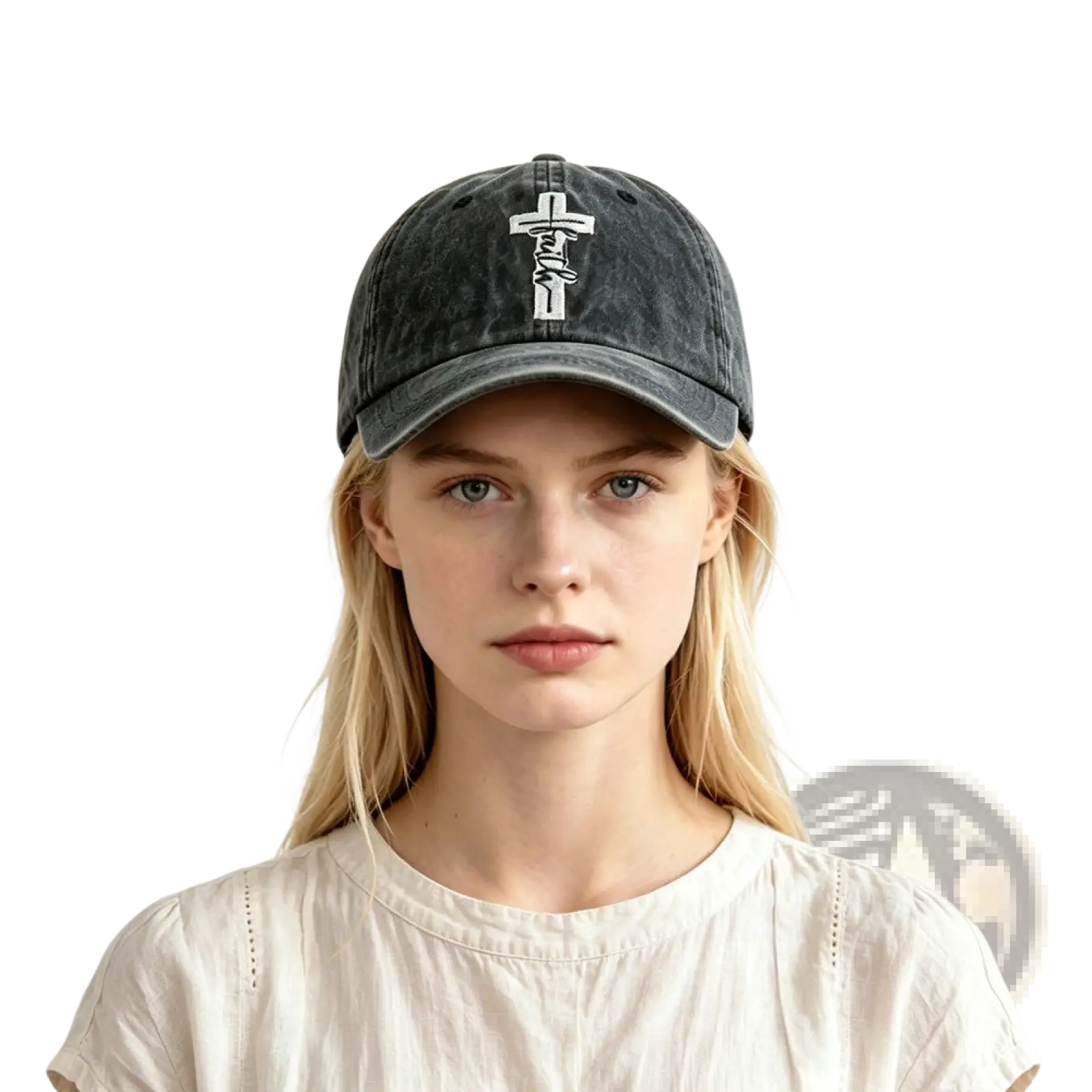 A dark gray distressed vintage baseball cap with a white embroidered faith cross design on the front