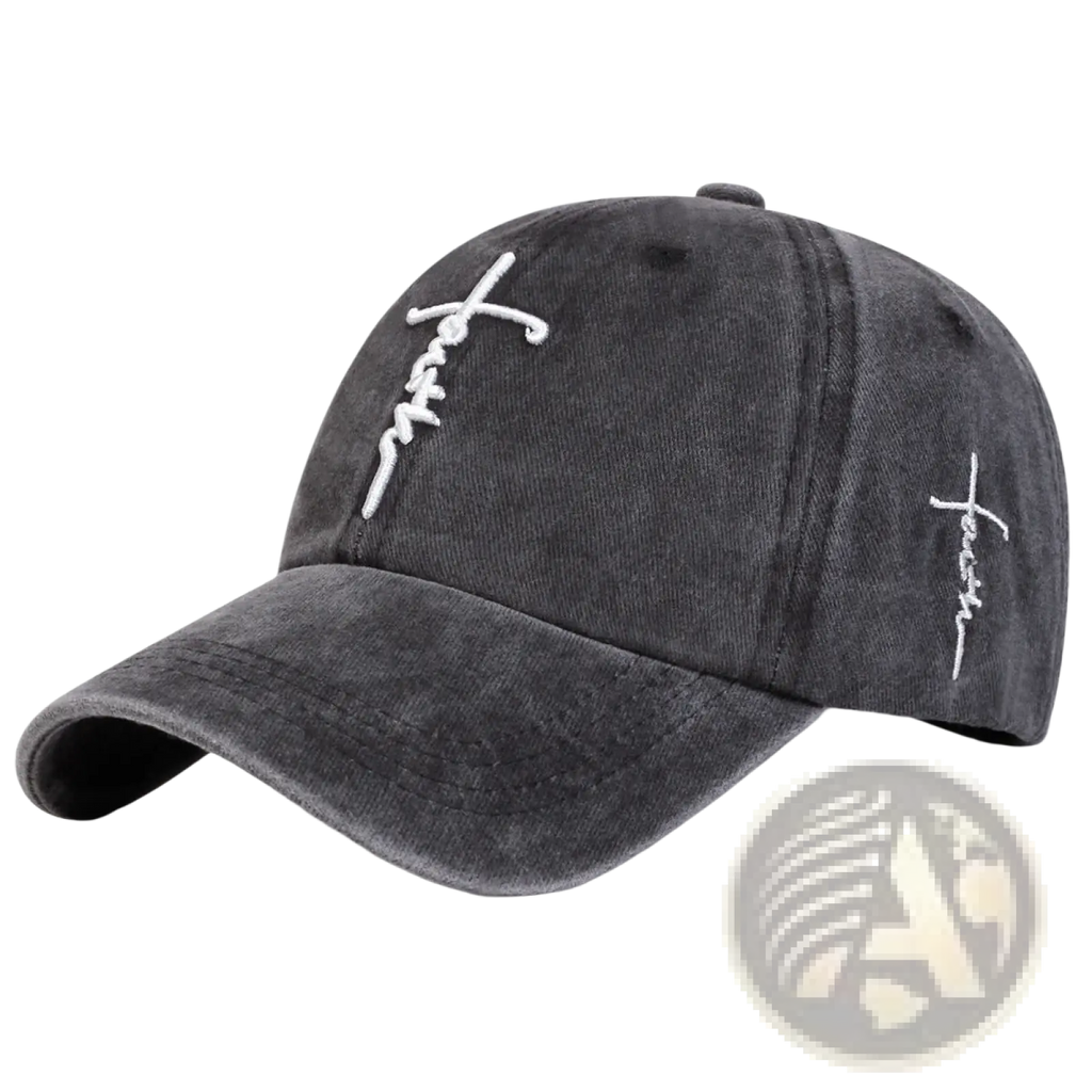 Dark gray distressed cotton baseball cap with white embroidered cross and script logo on front and side
