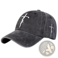Dark gray distressed cotton baseball cap with white embroidered cross and script logo on front and side