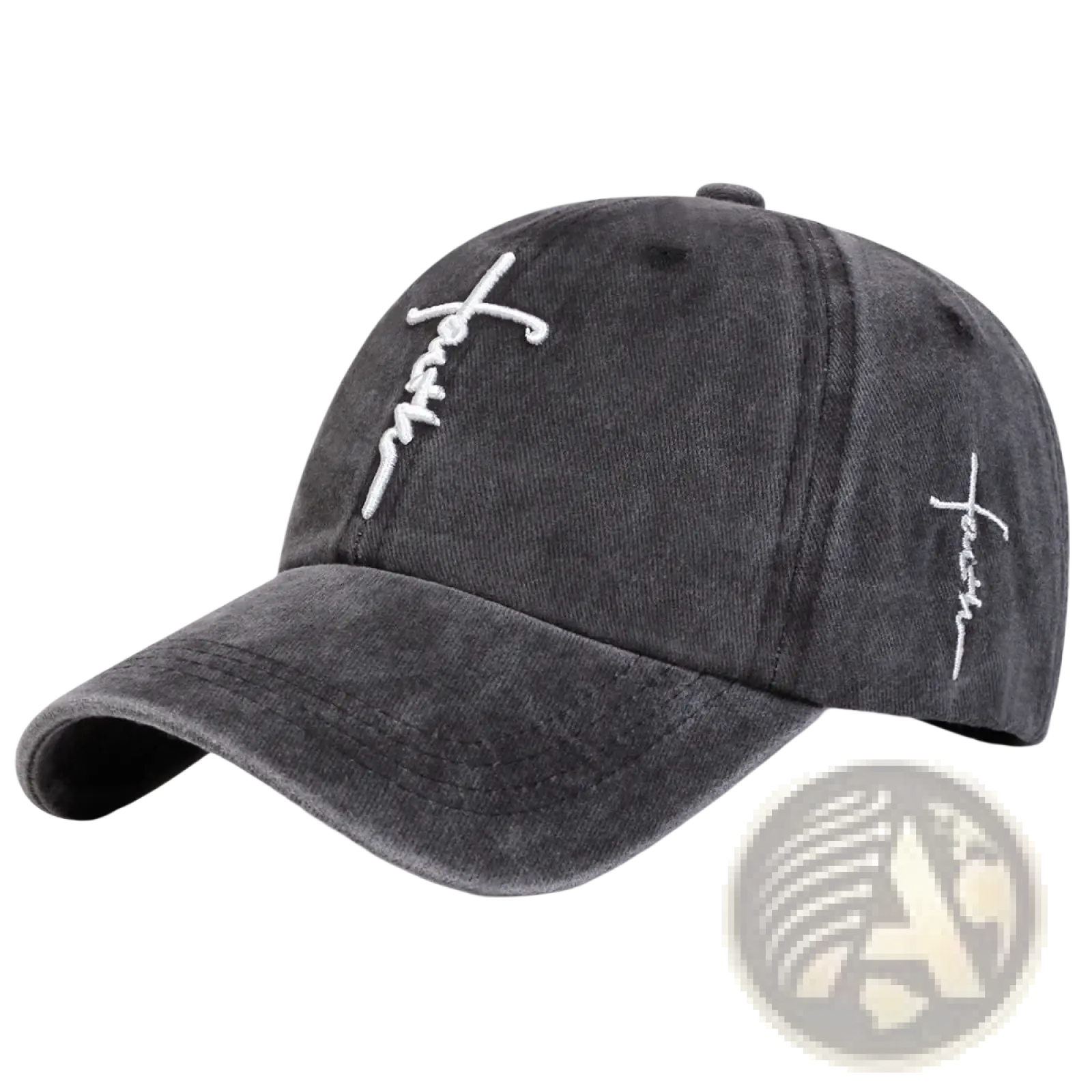 Dark gray distressed cotton baseball cap with white embroidered cross and script logo on front and side