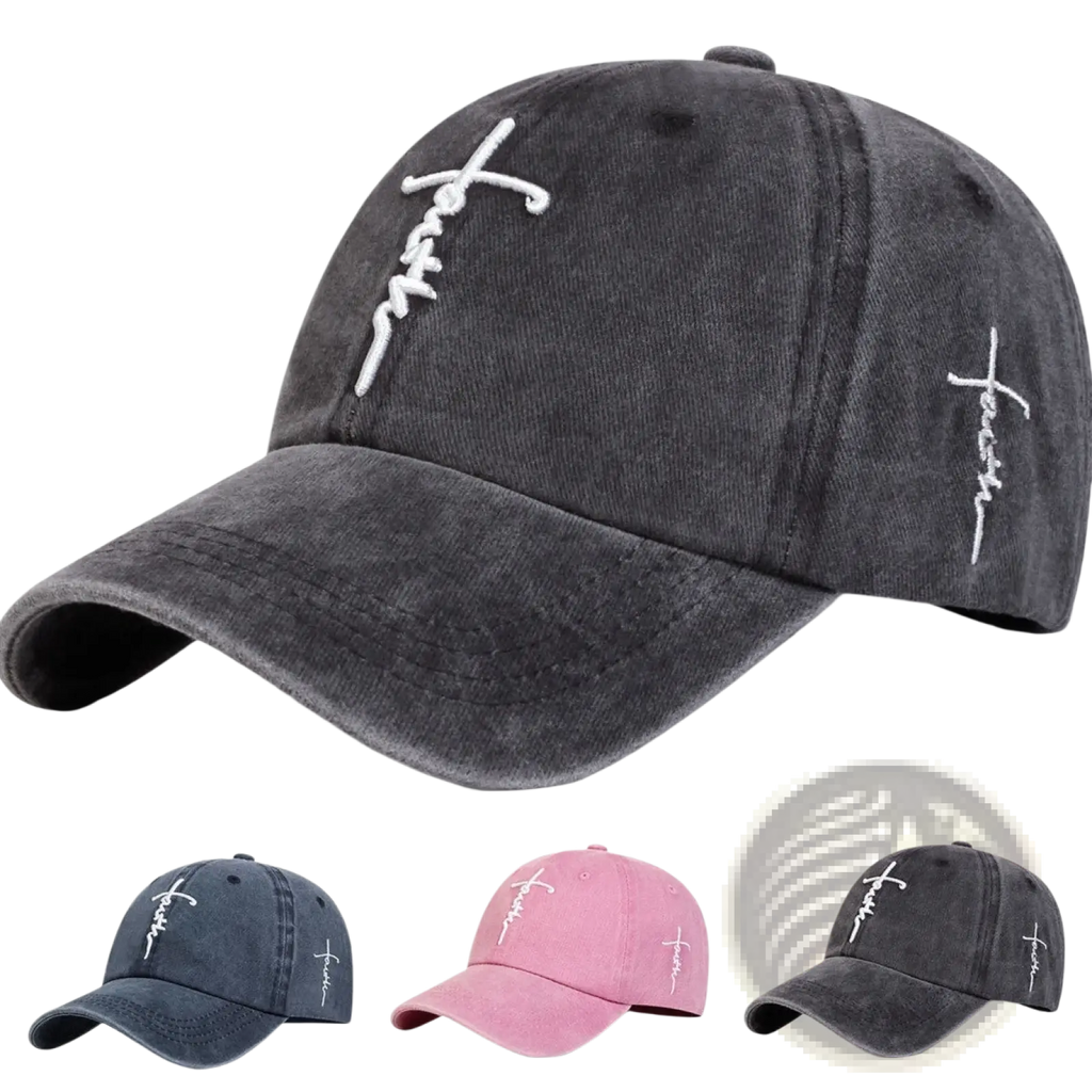 Dark gray distressed cotton baseball cap with white embroidered faith cross design along its length