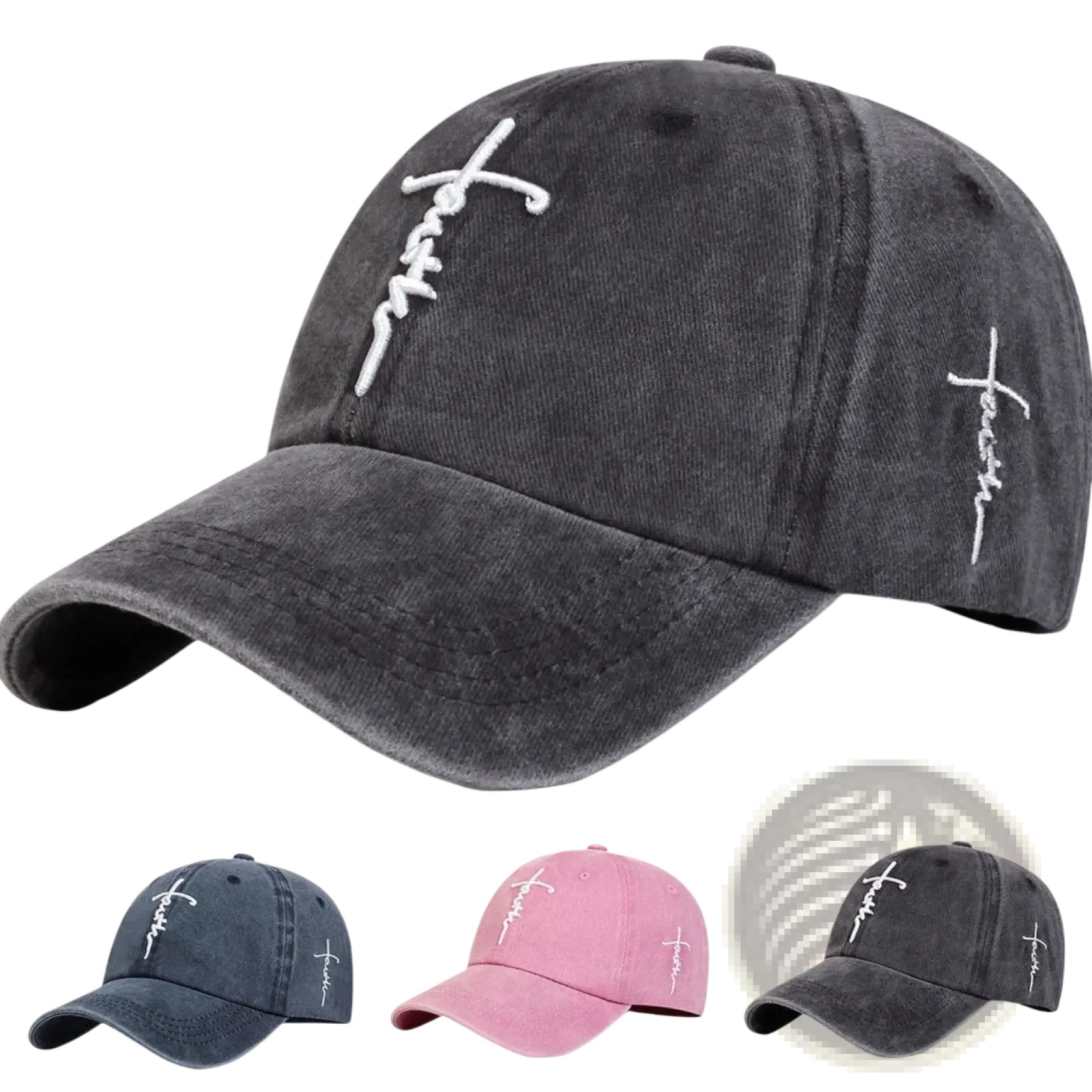 Dark gray distressed cotton baseball cap with white embroidered faith cross design along its length