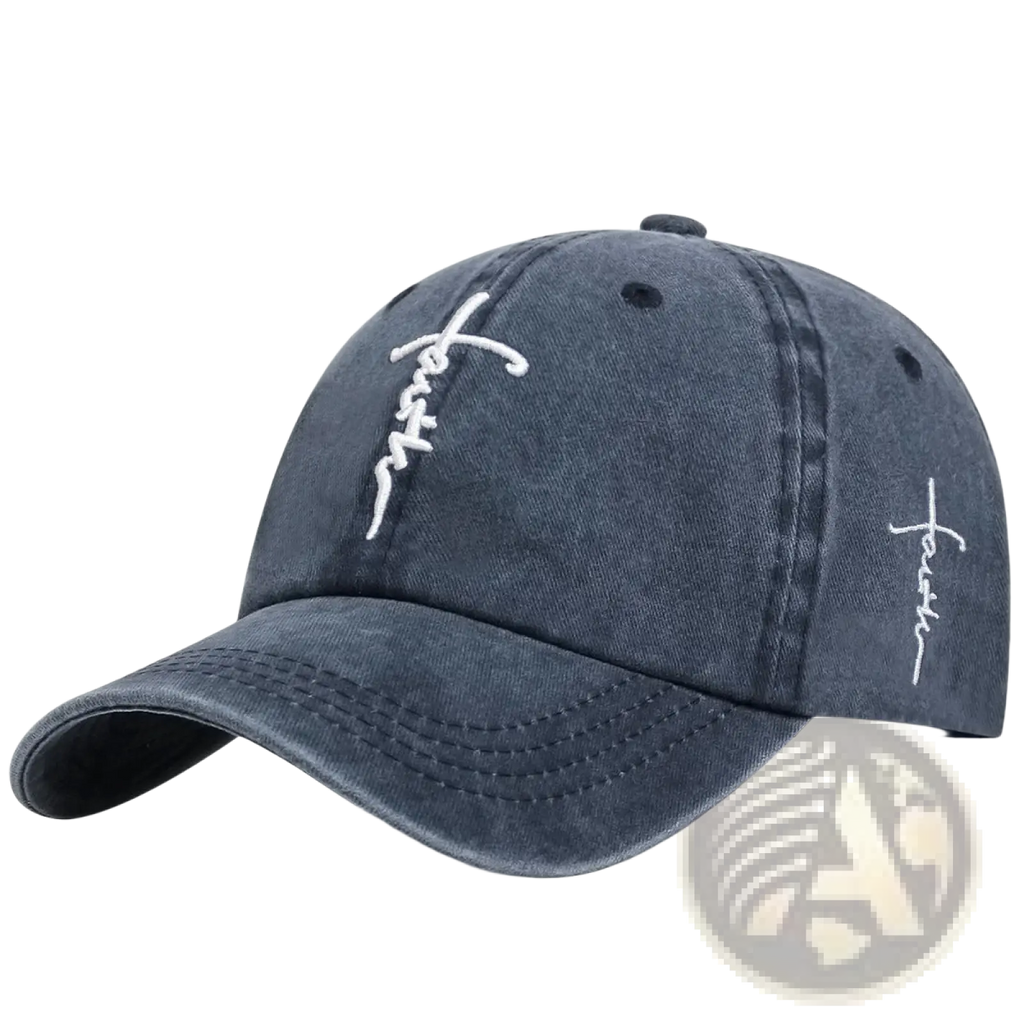 Dark denim cotton baseball cap with white embroidered lace-up design and signature on the side, faith cross style