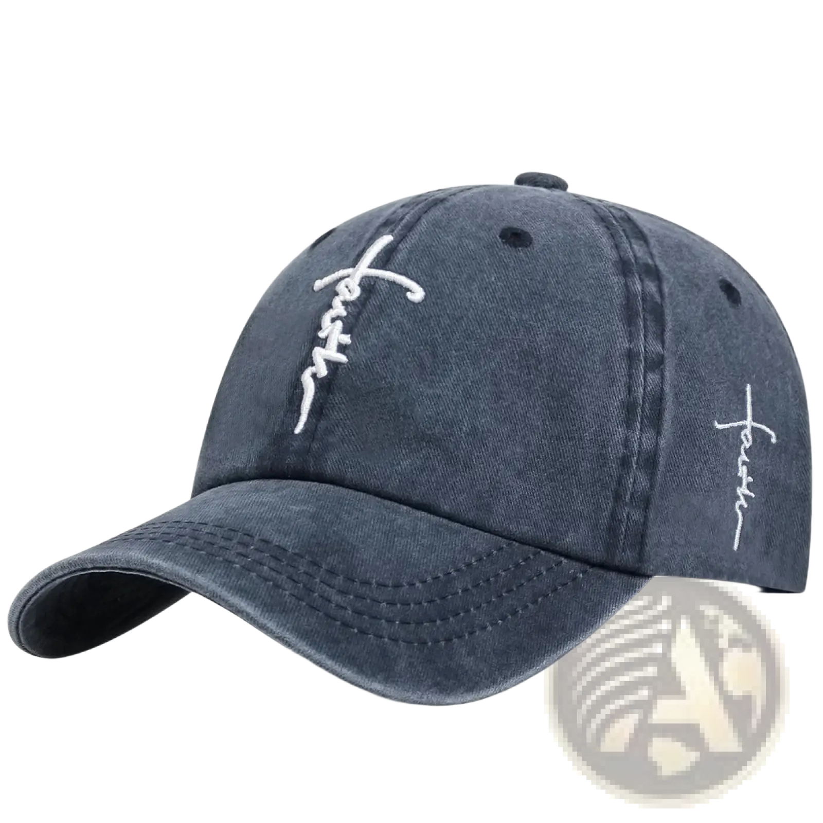 Dark denim cotton baseball cap with white embroidered lace-up design and signature on the side, faith cross style
