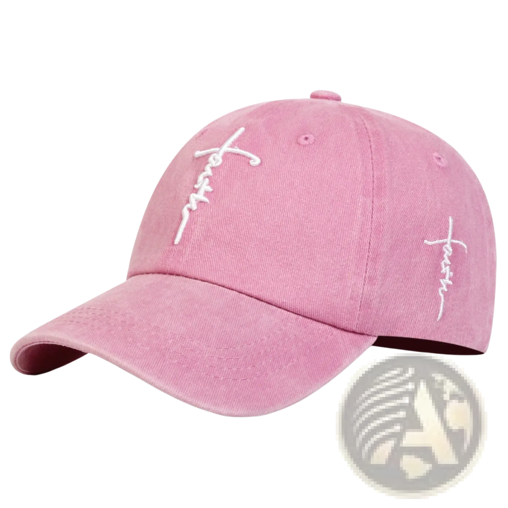 Pink cotton baseball cap with white faith cross embroidered script logo on front and side in distressed style