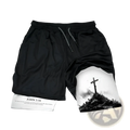 Black faith graphic athletic shorts with a grayscale cross and hill design and white john 3 16 text near the hem