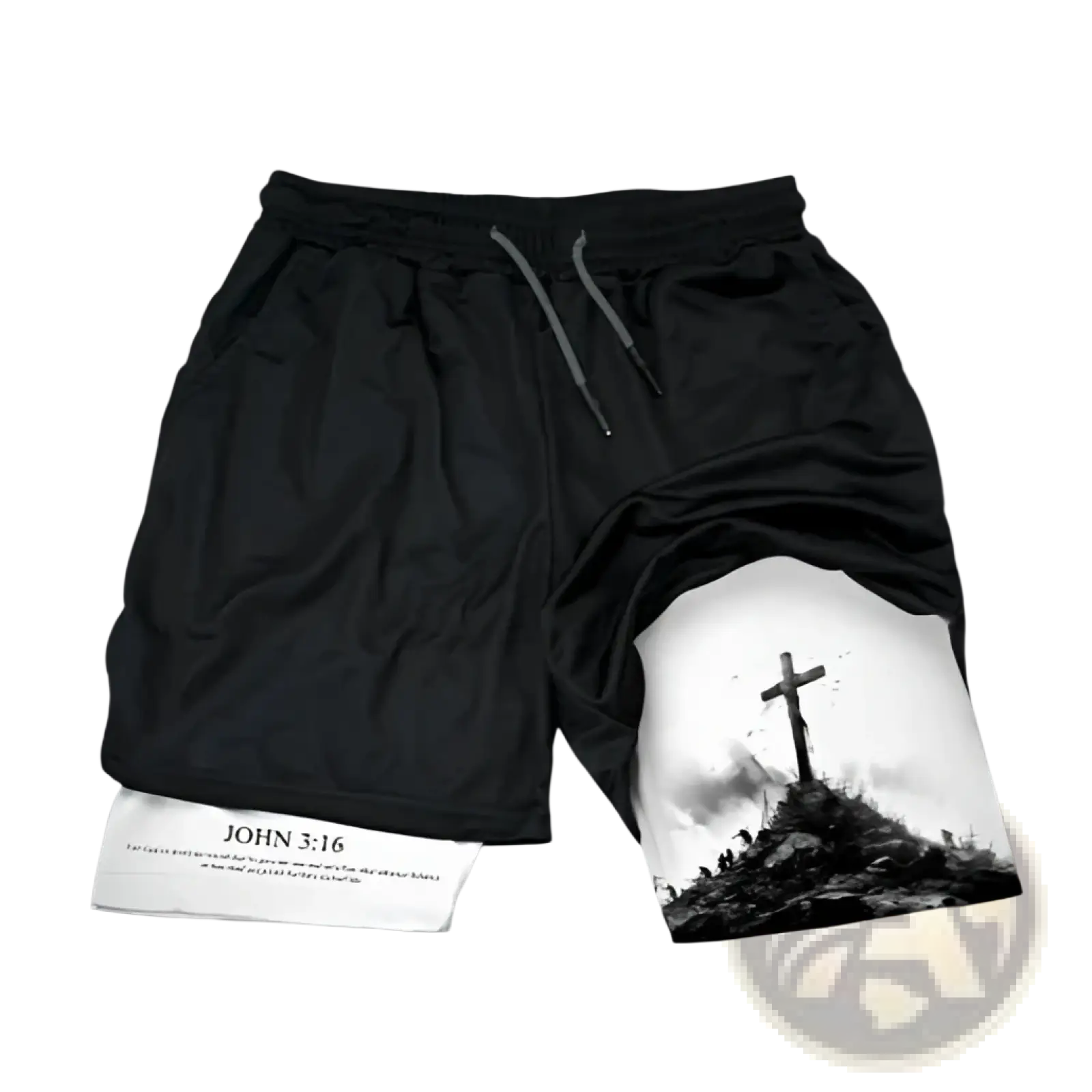 Black faith graphic athletic shorts with a grayscale cross and hill design and white john 3 16 text near the hem