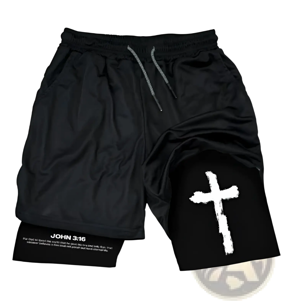 Faith graphic athletic shorts in black feature a white cross and john 3:16 text near the hem for activewear use