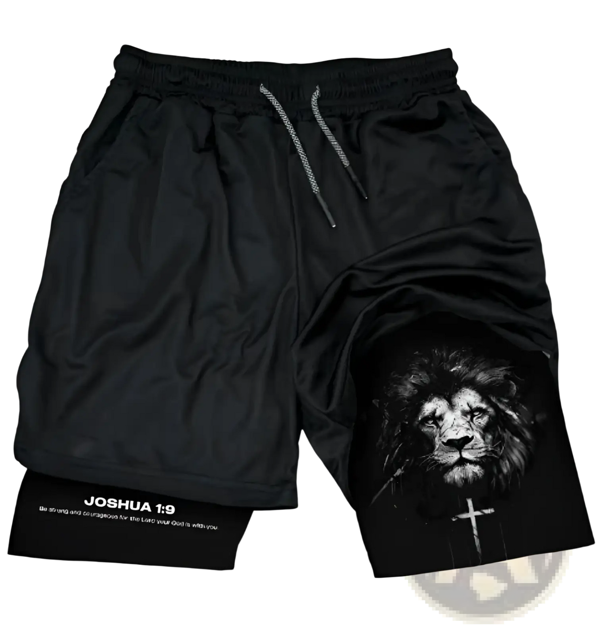 Black athletic faith graphic shorts with a detailed black and white lion and joshua 1 9 text at the hem