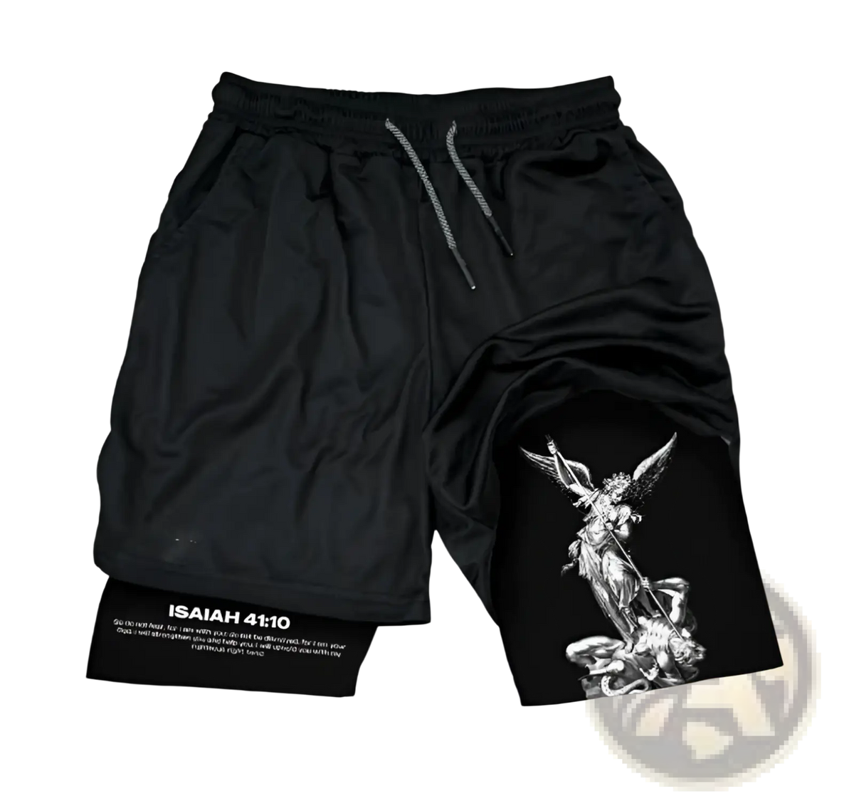 Black faith graphic athletic shorts featuring a white angel illustration and isaiah 41:10 text near the hem