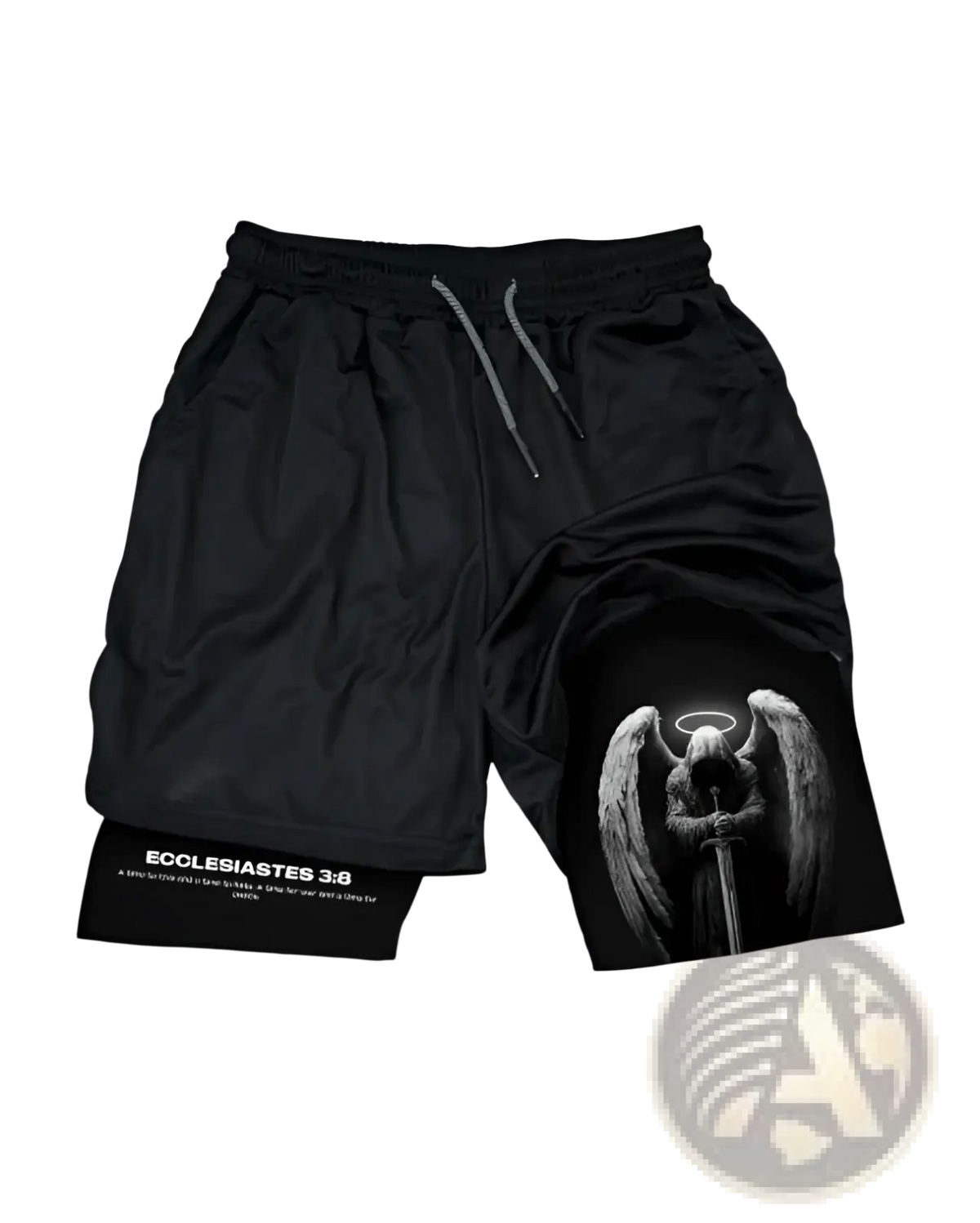 Black athletic shorts featuring a grayscale angel graphic and ecclesiastes 3:8 text on the left leg hem