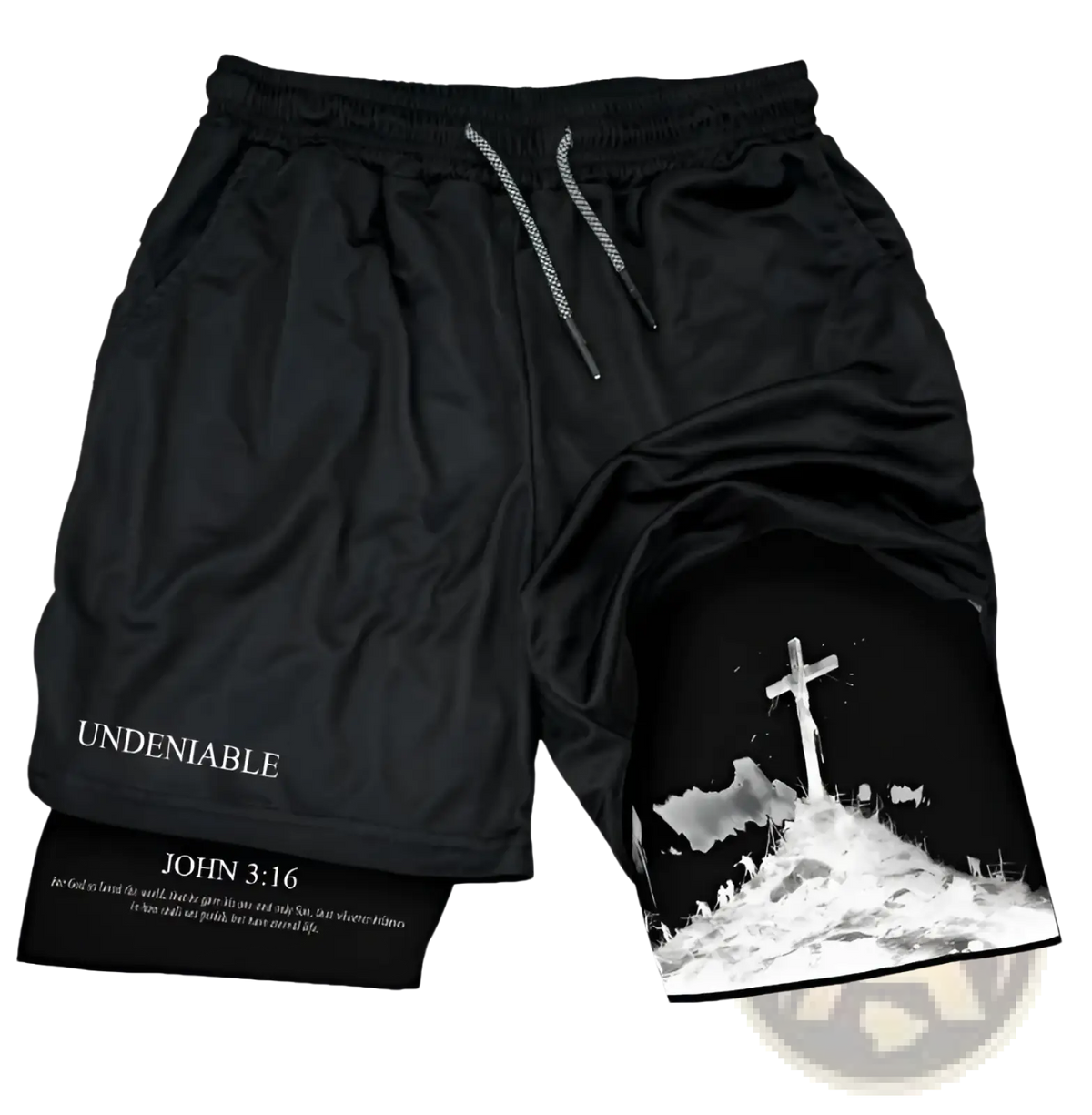 Faith graphic athletic shorts in black featuring a white cross and biblical text on the side for sportswear use
