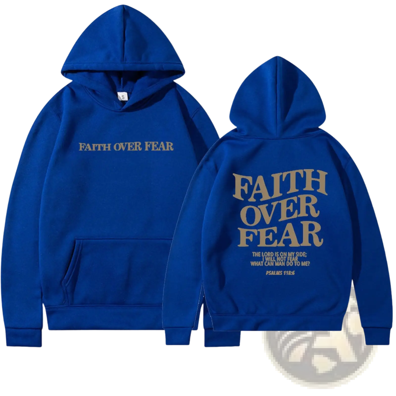 Royal blue faith over fear psalm 118 6 christian aesthetic hoodie with gold lettering and kangaroo pocket shown from back