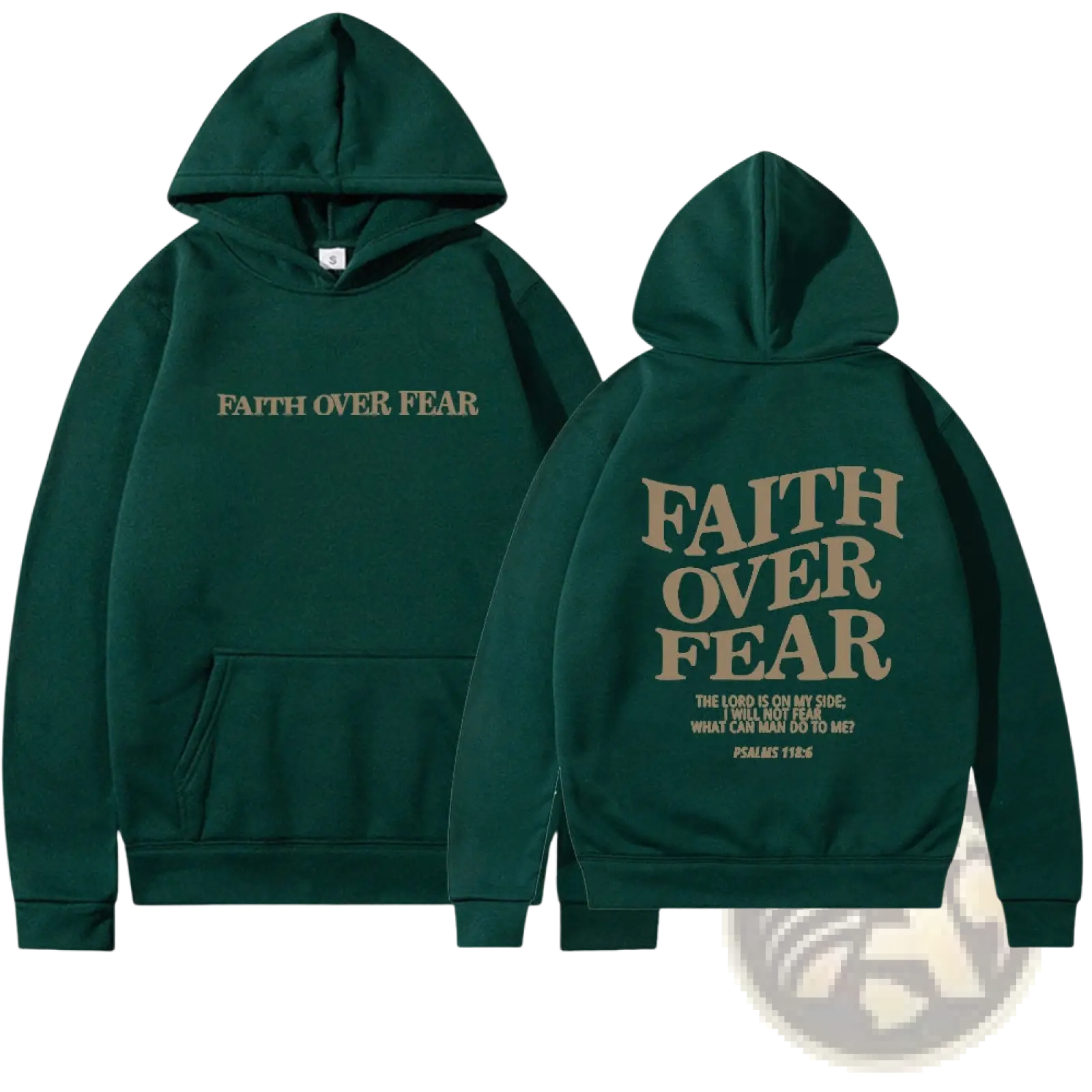 Dark green faith over fear psalm 1186 Christian aesthetic hoodie with beige print and kangaroo pocket shown from back
