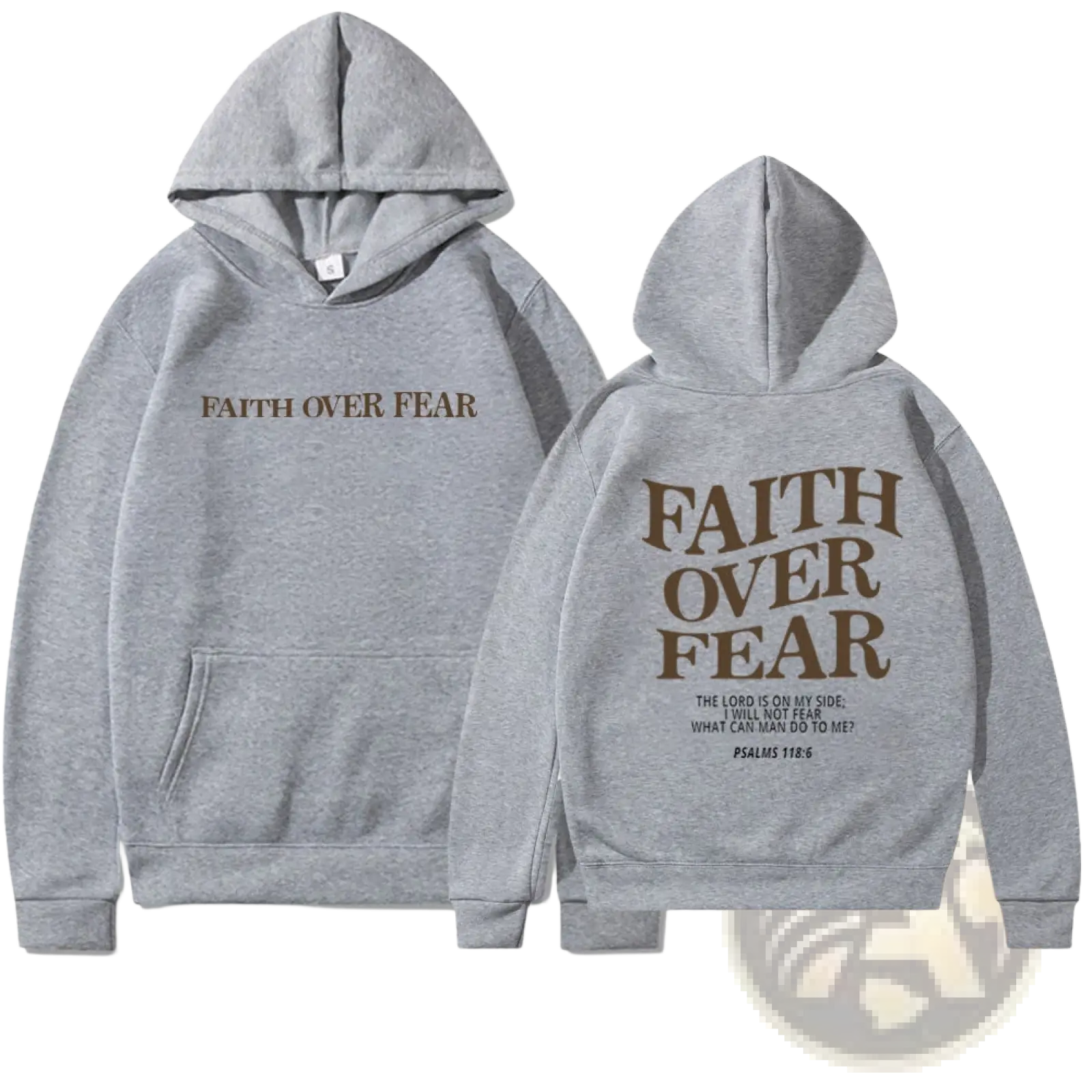 Gray cotton hoodie with faith over fear printed in brown on front and back featuring kangaroo pocket, christian aesthetic