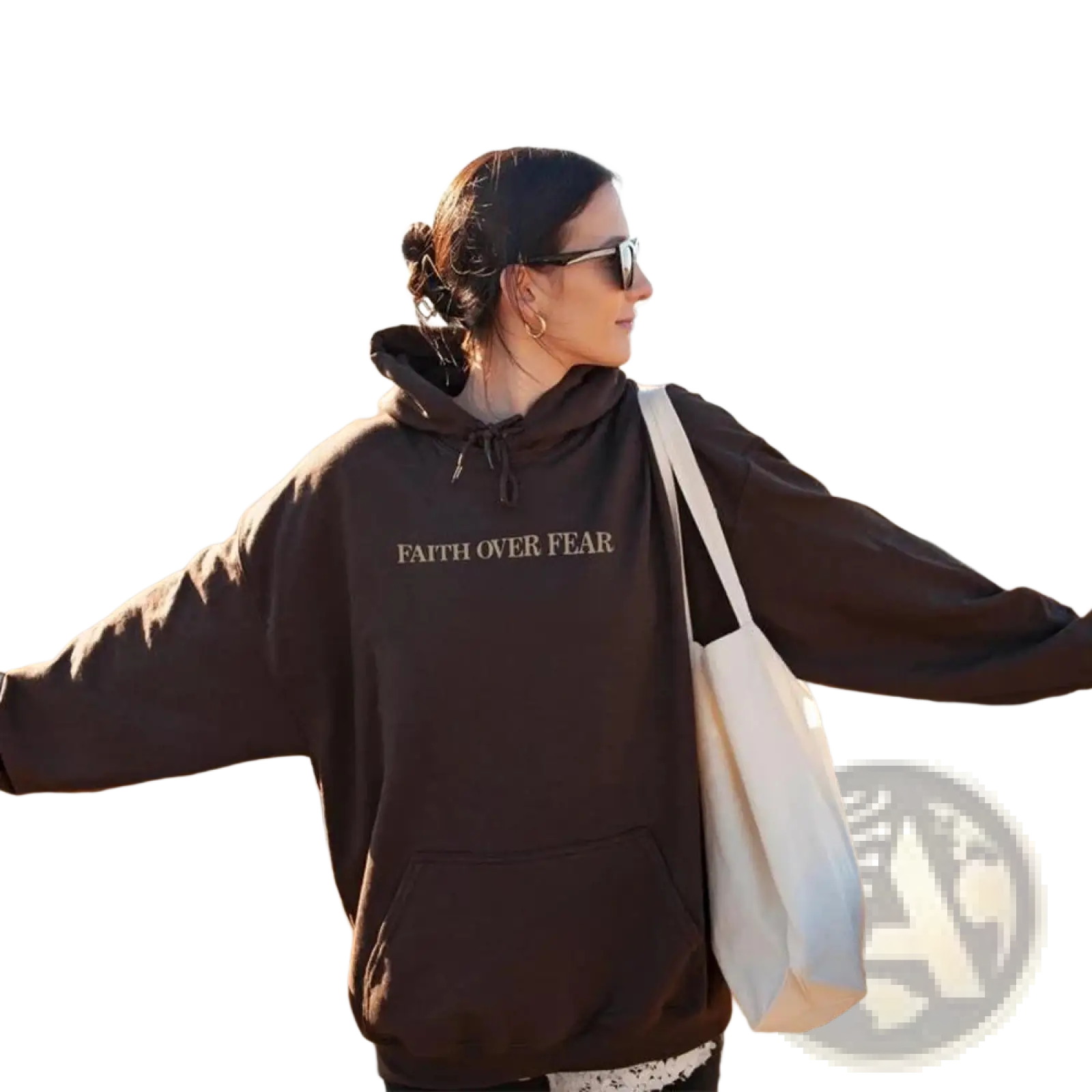 Dark brown oversized hoodie with faith over fear printed in light font for christian aesthetic and comfort wear
