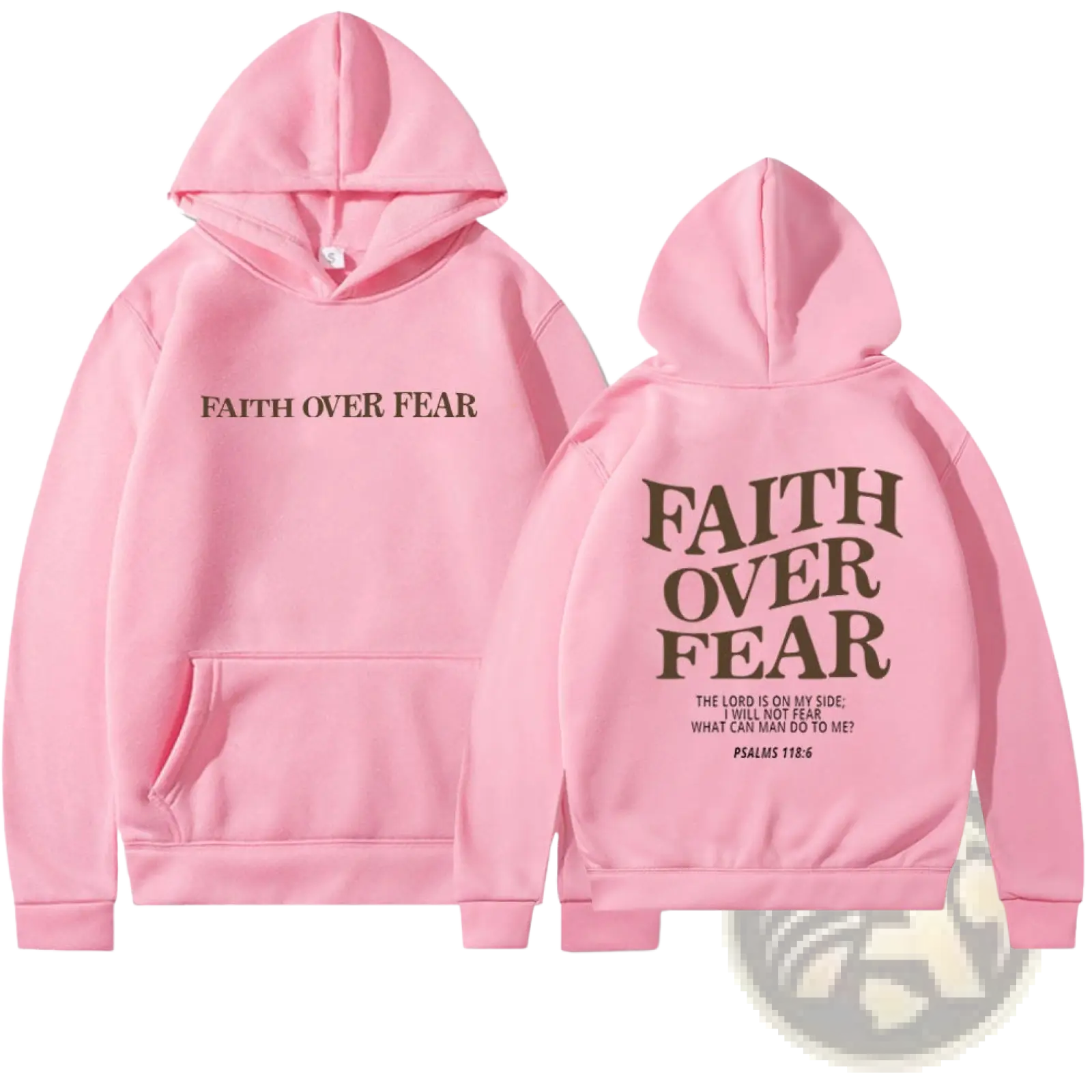 Pink faith over fear psalm 118 6 christian aesthetic hoodie with kangaroo pocket and brown print on front and back