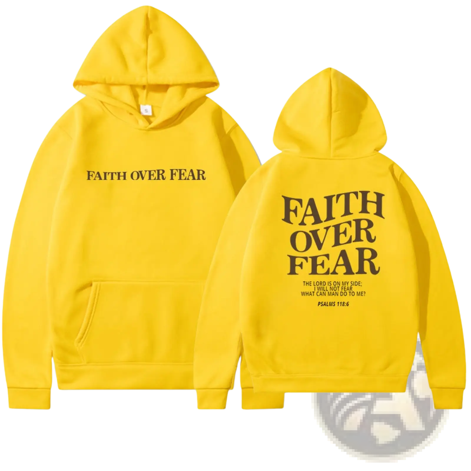 Bright yellow faith over fear psalm 118 6 christian aesthetic hoodie with kangaroo pocket and drawstring hood