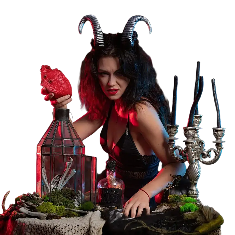 A woman with metallic silver horns holds a red textured fake bloody human heart Halloween prop wearing a black halter top