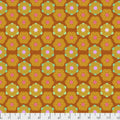 Fall floral mustard and pink cotton craft fabric in brown with stylized flowers in mustard yellow mint green and pink